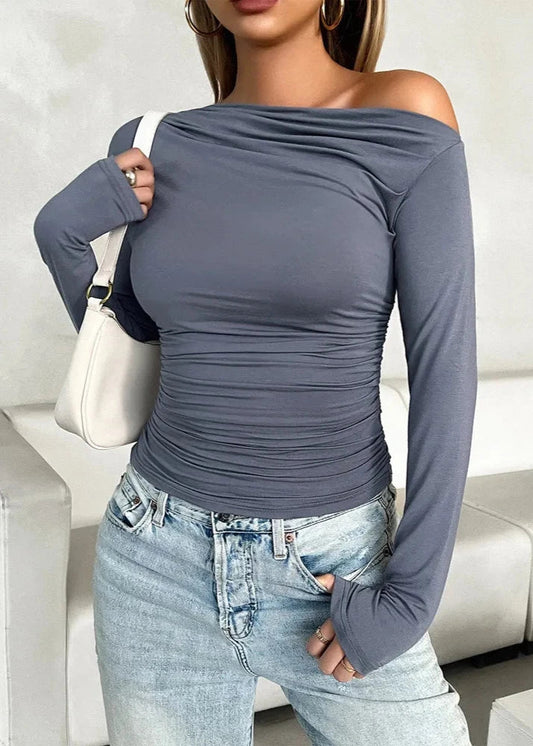 Off Shoulder Slim Fit Long Sleeve Top Charcoal Gray