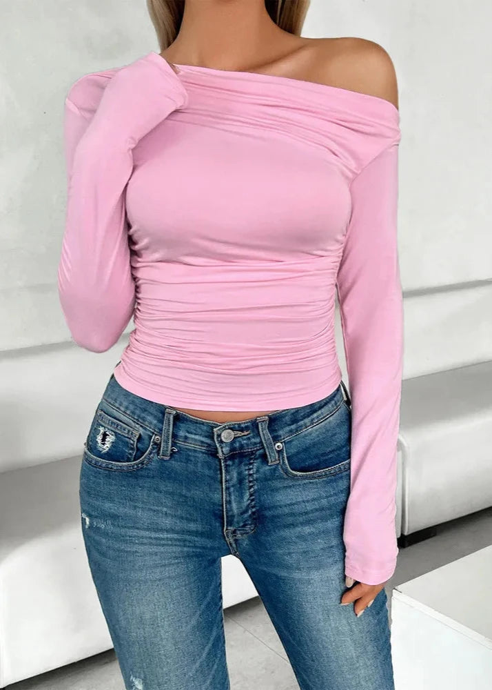 Off Shoulder Slim Fit Long Sleeve Top Charcoal Gray