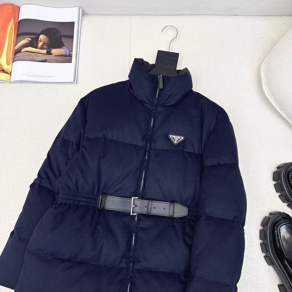 Prada Loden Down Jacket Navy Blue Cashmere