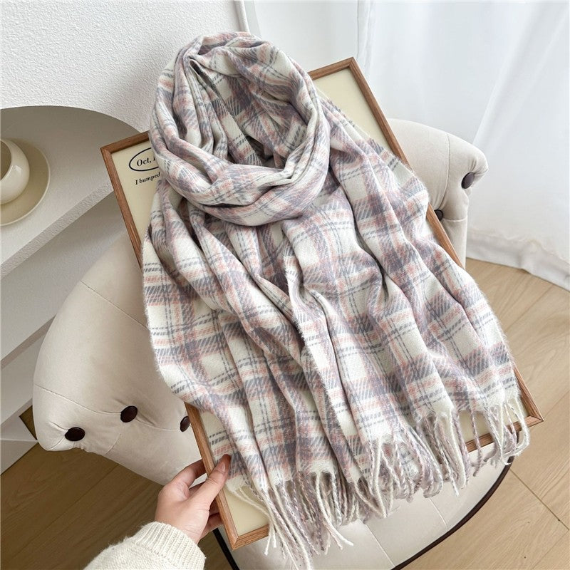 Color Block Plaid Fringe Scarf