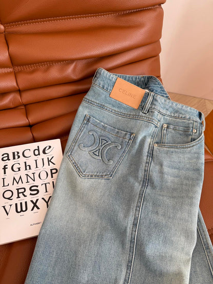 Celine 25 Arc de Triomphe Pattern Straight Jeans Cotton