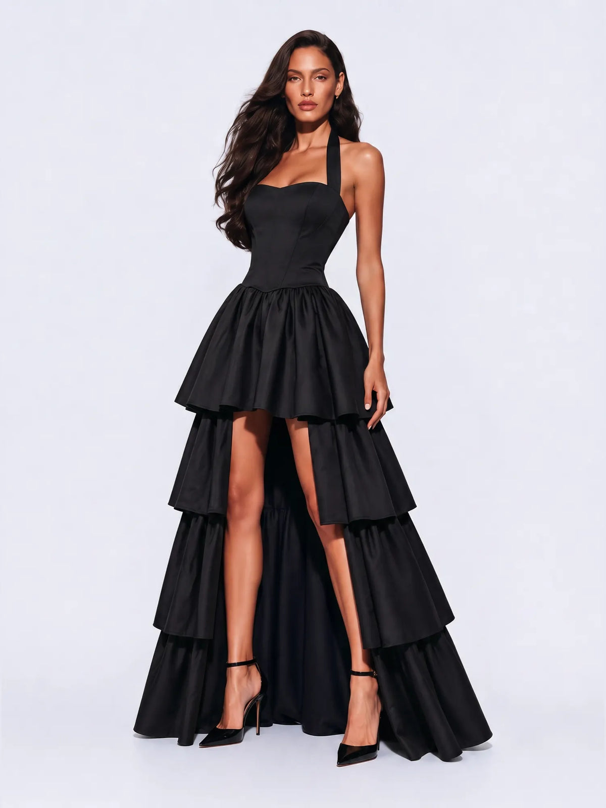 Imogen High-Low Tiered Ruffle Maxi Dress