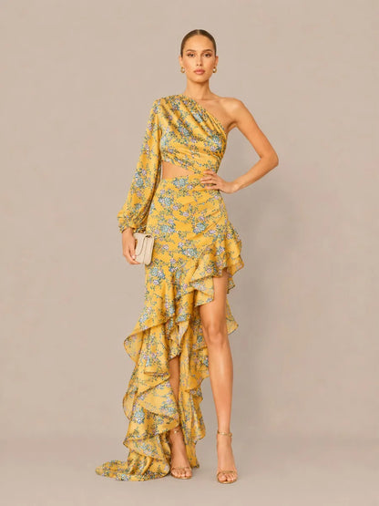 Cassidy Floral Asymmetric One-Shoulder Ruffled Maxi Dress