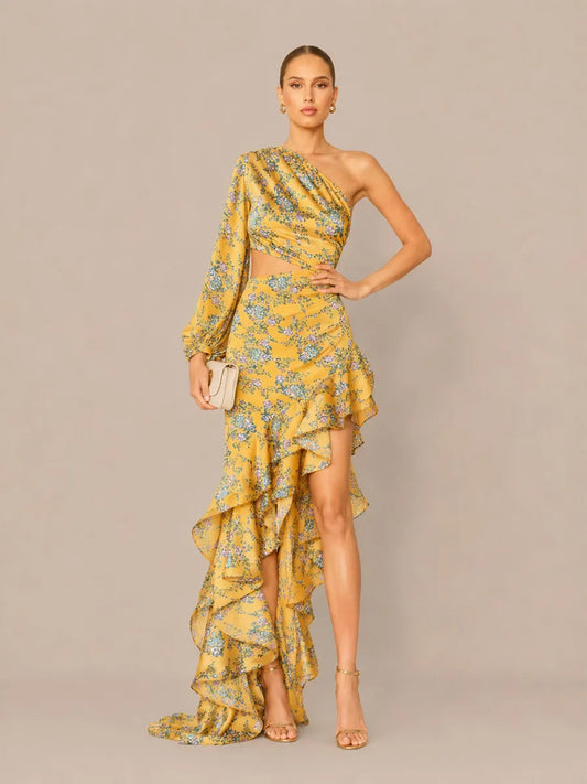 Cassidy Floral Asymmetric One-Shoulder Ruffled Maxi Dress