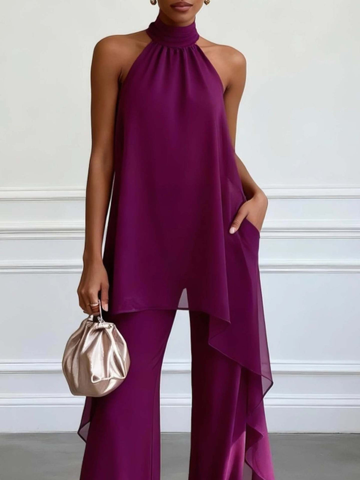 Elegant Deep Purple Chiffon Halter Neck Two-Piece Wide-Leg Pants Set