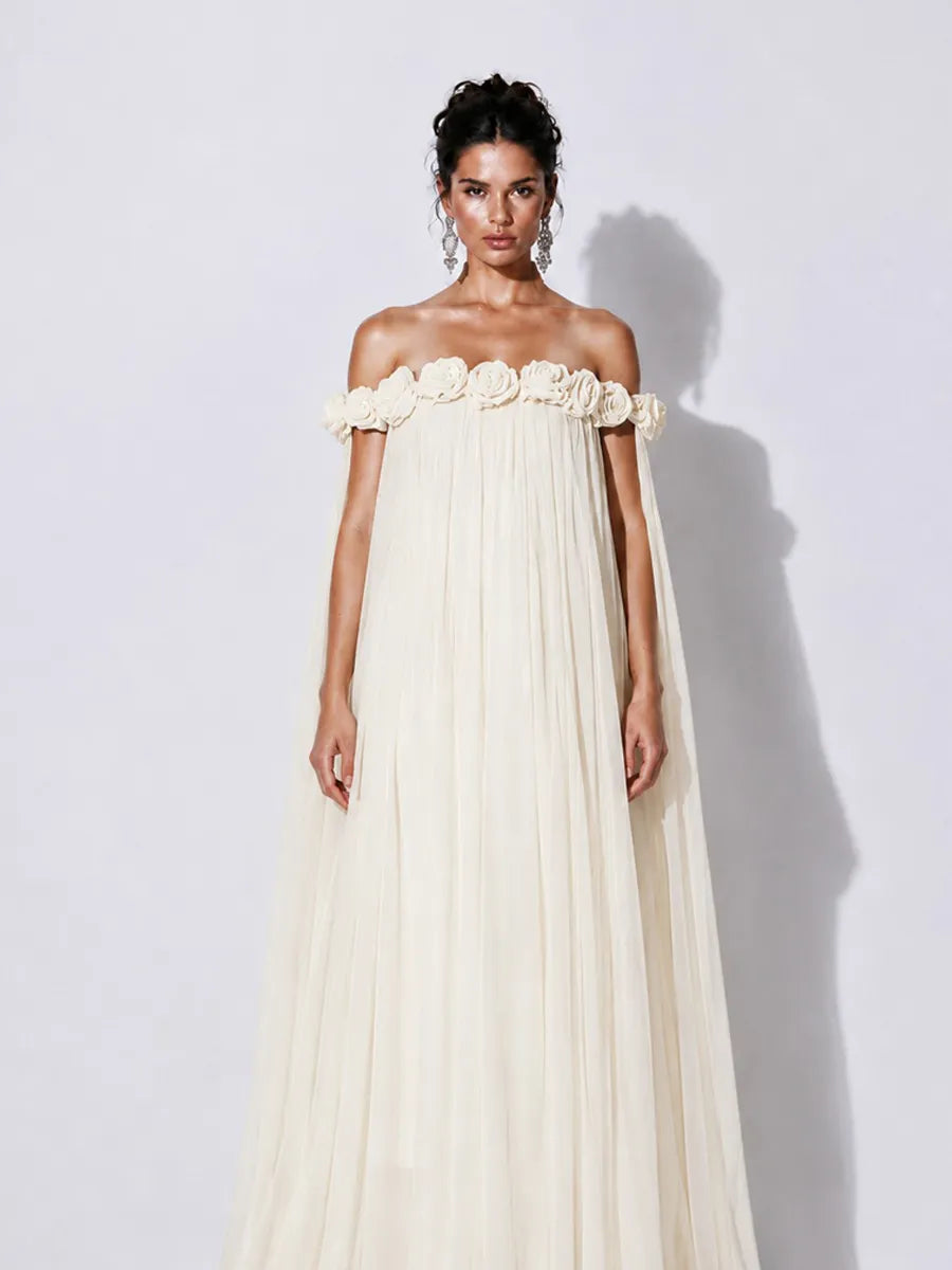 Grace 3D Floral Pleated Off-Shoulder Maxi Dress