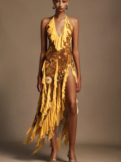 Seraphina Print Halter Ruffled Chiffon Maxi Dress