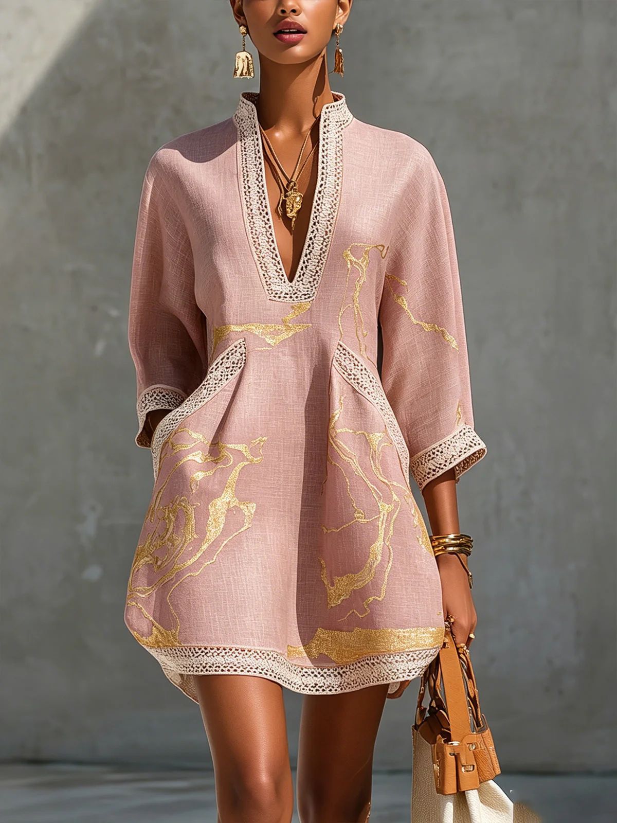 Loose Resort Style Cotton And Linen Short Dress With Straps