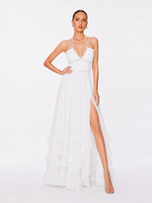 Anika Pearl-Embellished Halter-Neck Ruffled Slit Maxi Dress In White