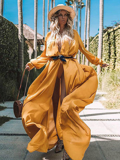 New Fashion Loose Pure Color Long Sleeve Lace Up Long Cardigan Jacket