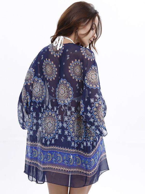 Popular 3/4 Sleeve Printed Shirt Shawl Cover-Up Tops