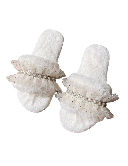 Rhinestone Lace Pearl Plush Slippers