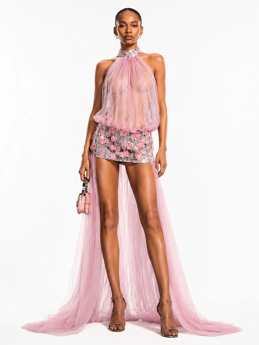 Salma Sheer Mesh Beaded Maxi Dress In Pink