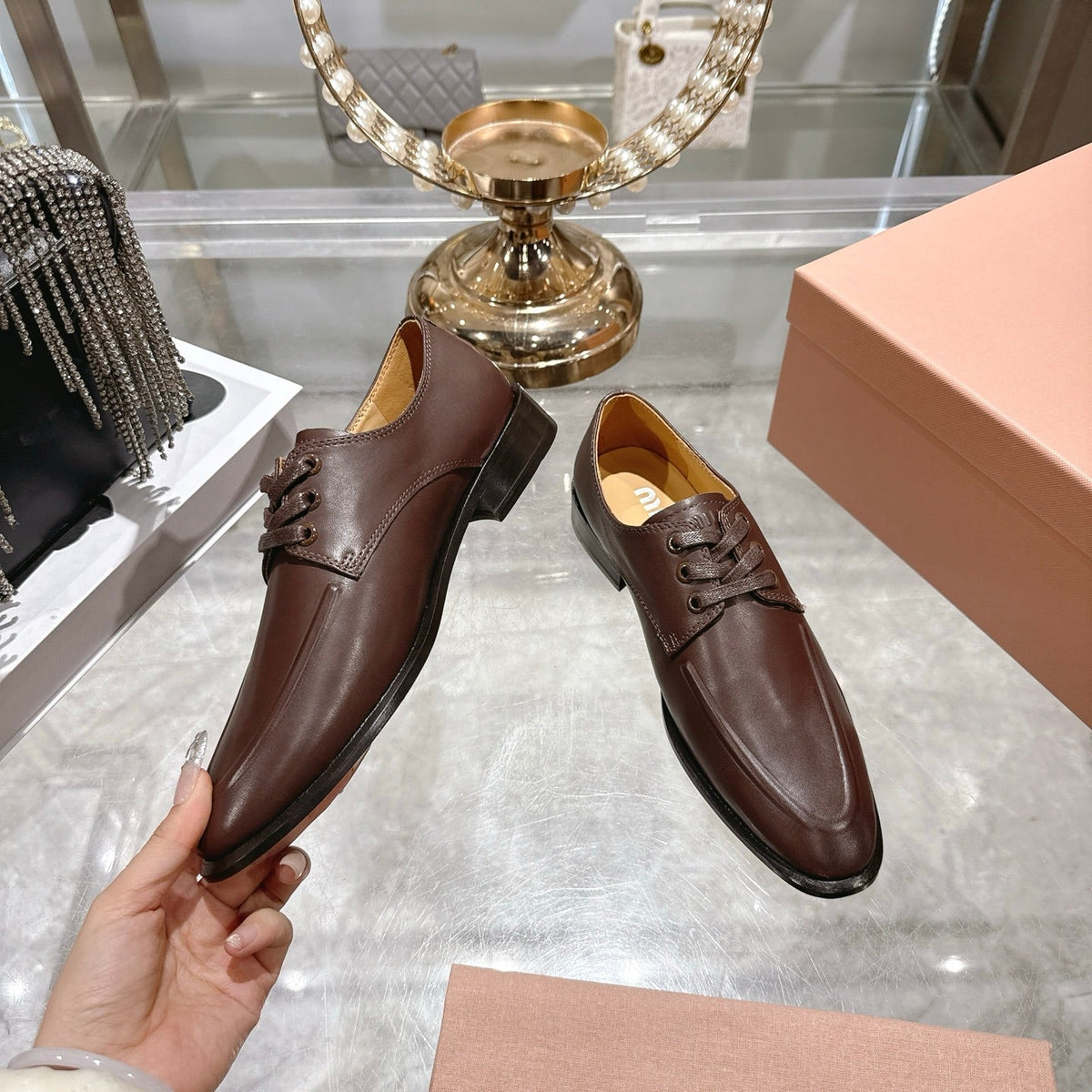 Miu Distressed Loafers Brown Cowhide 592058