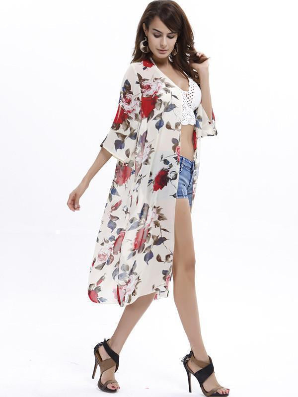 Elegant 3/4 Sleeve Beach Long Shawl Cover-Up Tops