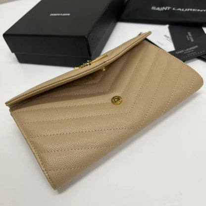 YSL Long Wallet Beige Leather Gold Tone 10772  19cm