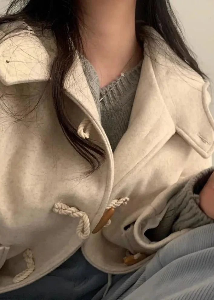 Woolen Hooded Coat with Horn Buttons and Pockets