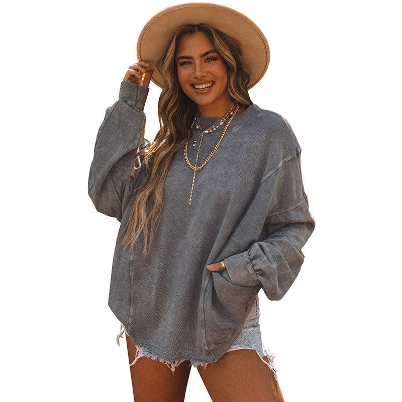 Loose-Fit Minimalist Solid Color Ribbed Cuff Sweatshirt
