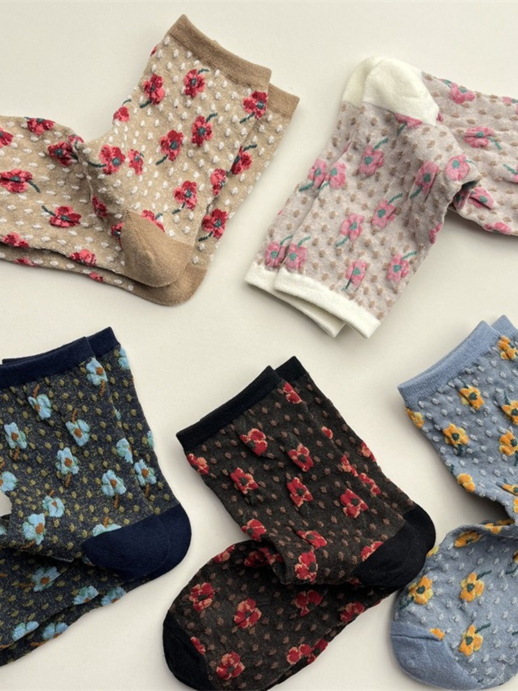 Rufia - Floral Embossed Bohemian Mid-Crew Socks