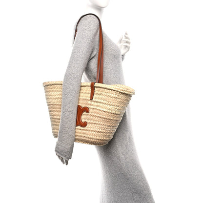 Raffia Calfskin Triomphe Medium Panier Tan