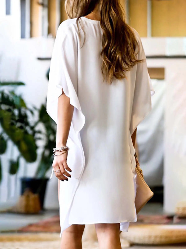 Loose Solid Color High-Low Batwing Sleeves V-Neck T-Shirt