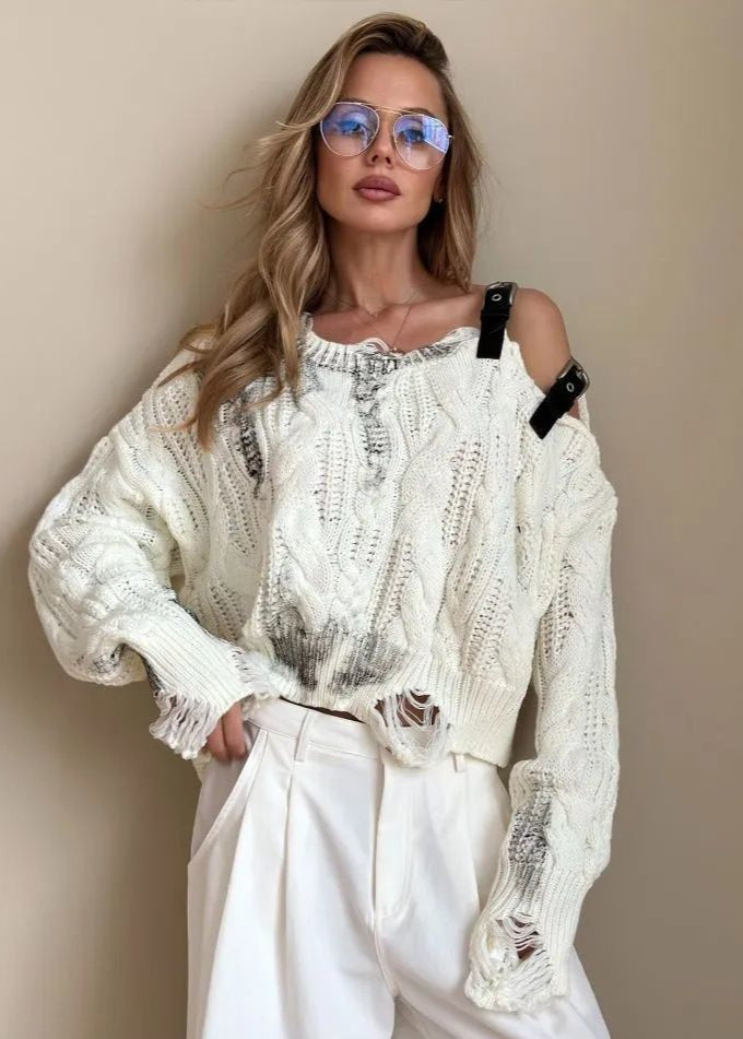Asymmetrical Cable Knit Sweater With Buckle Details