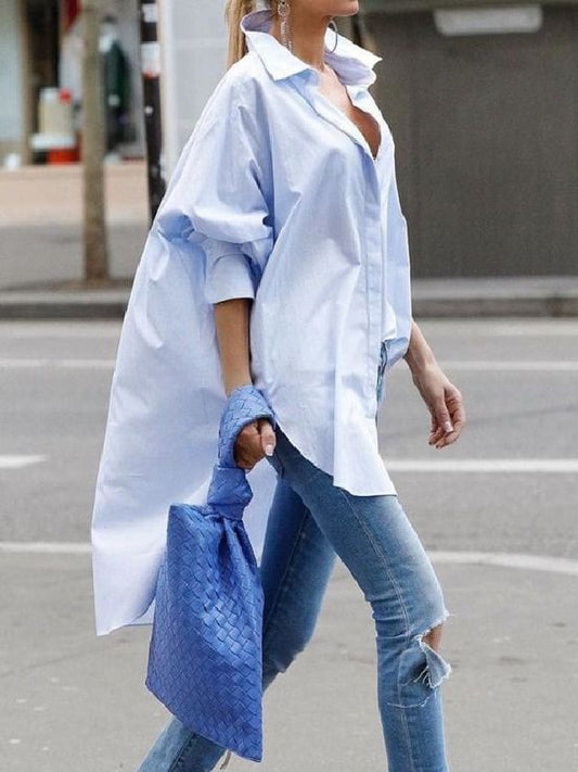 Urban Long Sleeves High-Low Solid Color Lapel Blouse Top