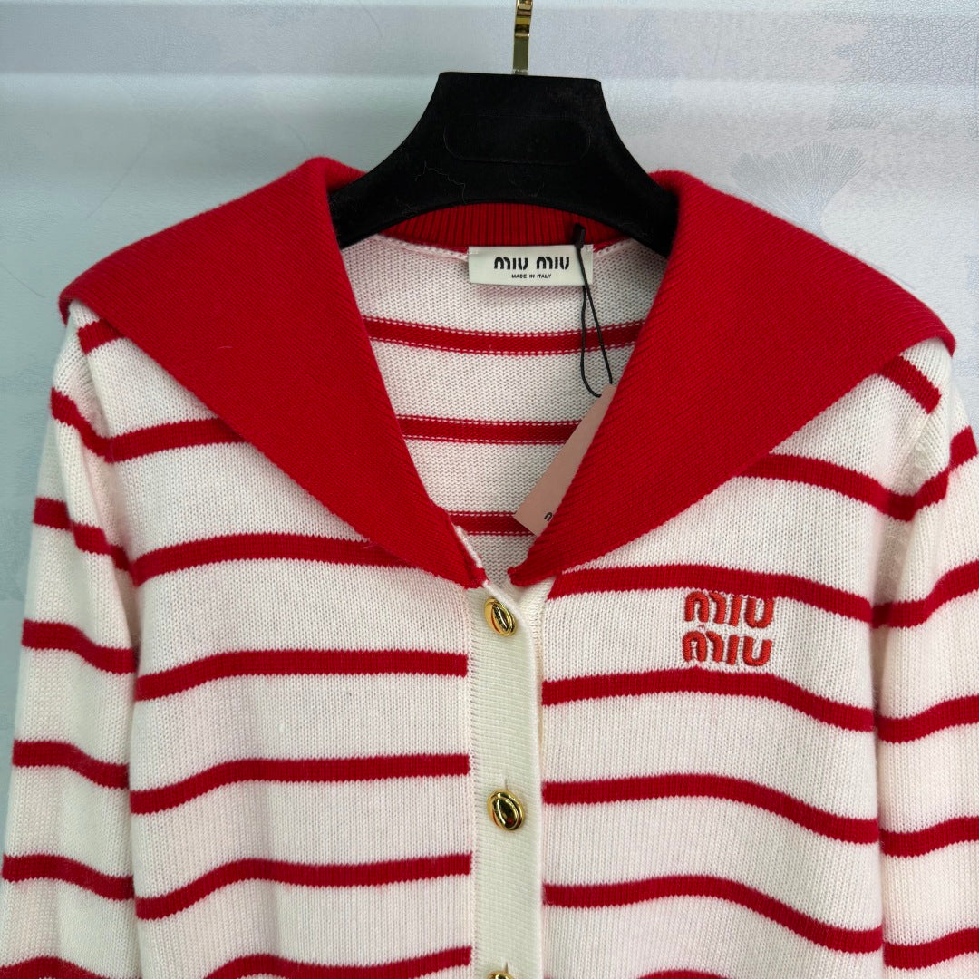 Miu 26s Striped Sailor Collar Knit Cardigan Wool 345083