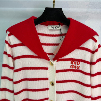Miu 26s Striped Sailor Collar Knit Cardigan Wool 345083