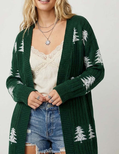 Trendy Embroidery Christmas Tree Knit Long Cardigan