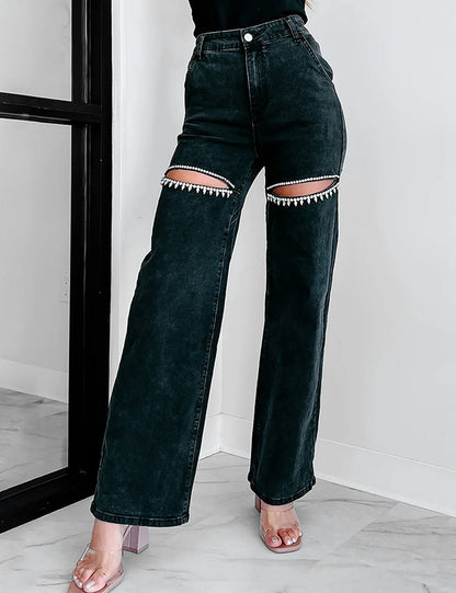 Trendy Ripped Rhinestone Stud Staight Leg Jeans
