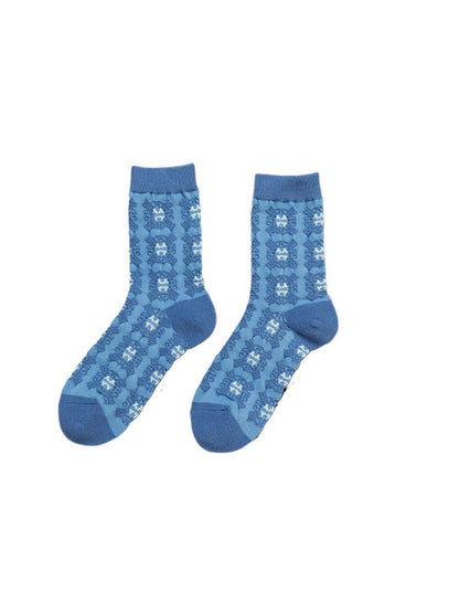 Rufia - Retro Blue Floral Mid-Calf Socks - Classic &amp; Elegant