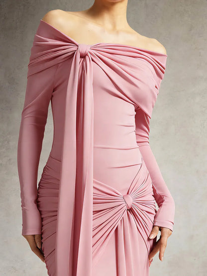 Ivy Off Shoulder Long Sleeve Ruched Pink Maxi Dress