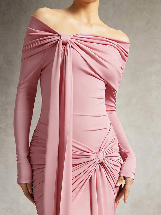 Ivy Off Shoulder Long Sleeve Ruched Pink Maxi Dress