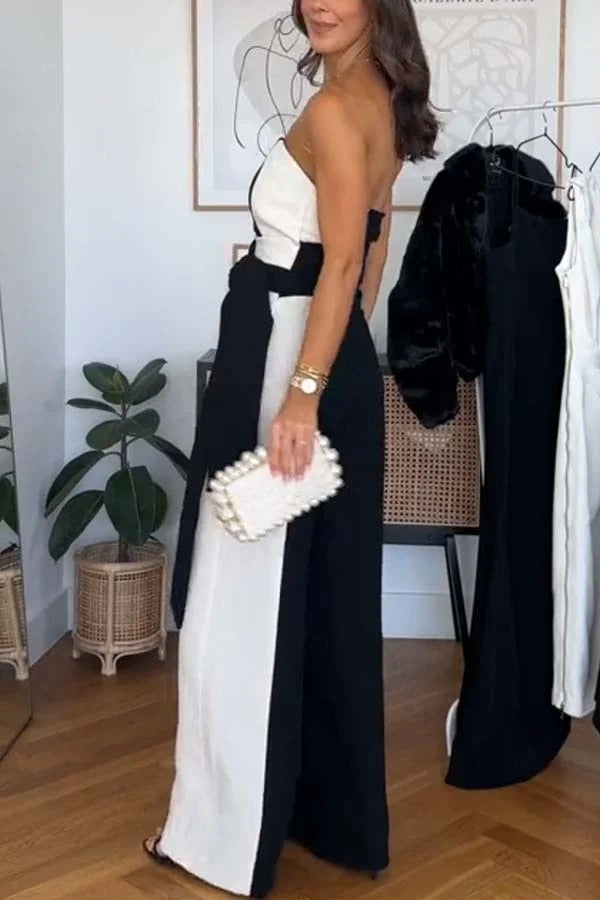 Social Hour Colourblock Tailored Bandeau Tie-up Waist Wide Leg Jumpsuit