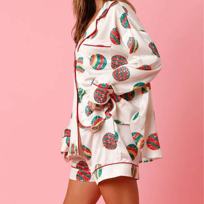 2 Pcs Soft Cartoon Print Satin Christmas Pajamas Set