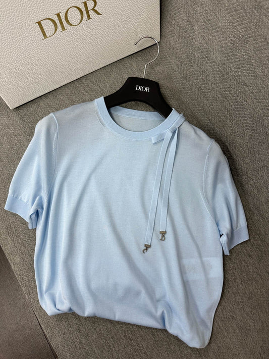 CD Short-Sleeved Fitted Sweater Sky Blue Silk Knit 349493