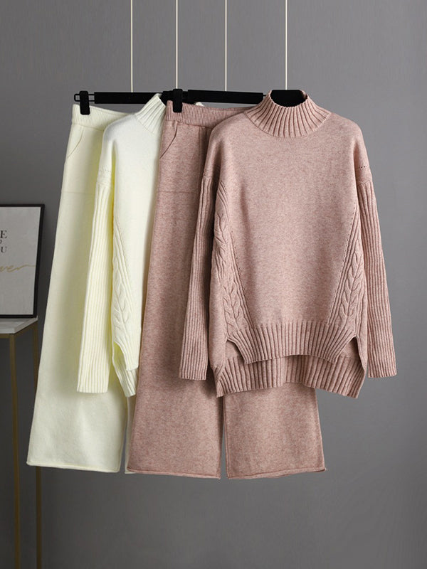 Urban High-Low Wide Leg Split-Side Solid Color Half Turtleneck Sweater Tops Pants Two Pieces Set