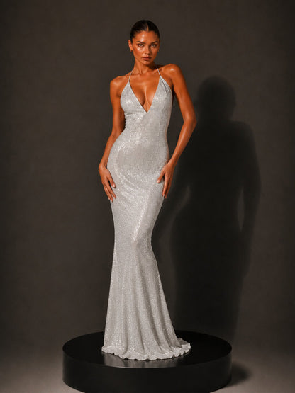 Penelope Rhinestone Sexy V-Neck Backless Maxi Dress