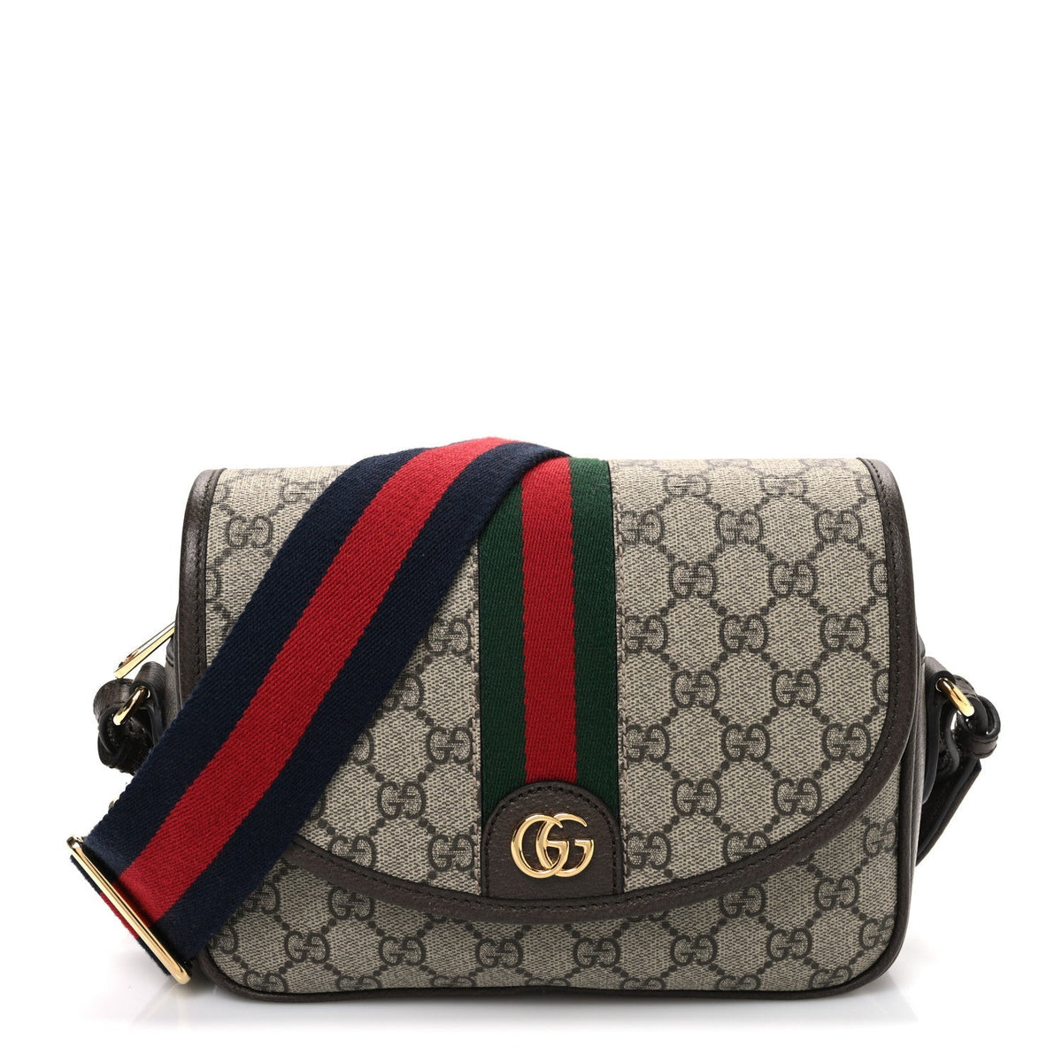 GG Supreme Monogram Textured Dollar Calfskin Web Studded Mini Ophidia Flap Shoulder Bag Beige Ebony New Acero