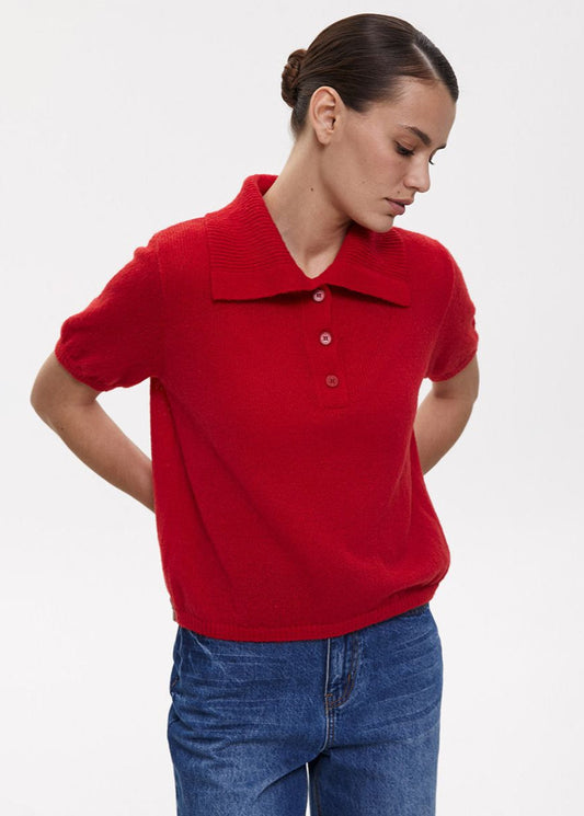 Knit Polo Shirt Soft Red Buttoned Short Sleeve