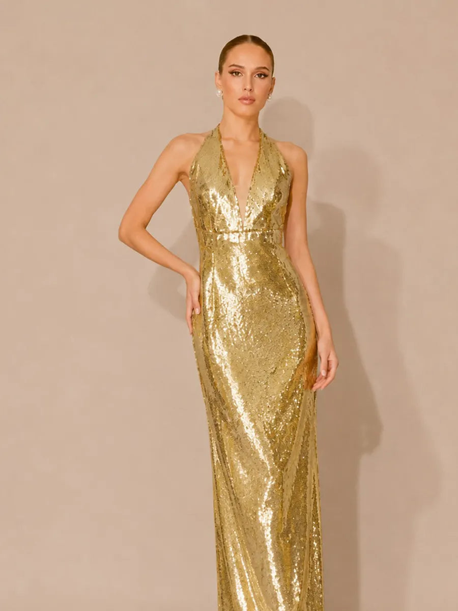 Kiara Backless Sleeveless Halter Sequin Maxi Dress