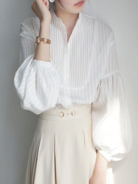 Loose Wrap Buttoned Pleated Solid Color Split-Joint Striped Blouses&Shirts Tops