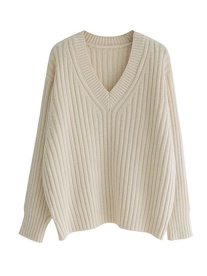 Casual Loose Solid Color V-Neck Sweater Tops
