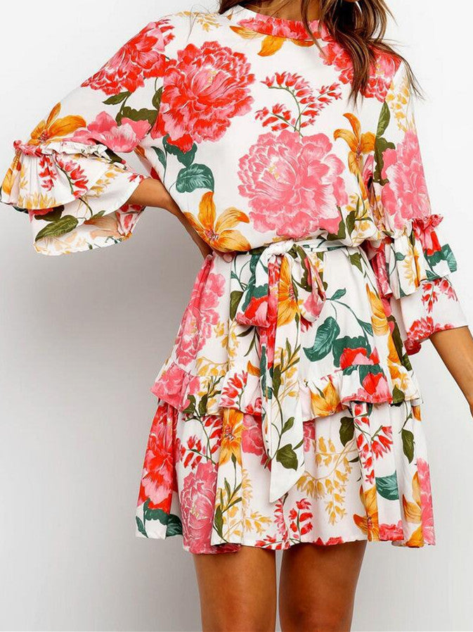 Stylish Print Round-Necked Long-Sleeved Dress