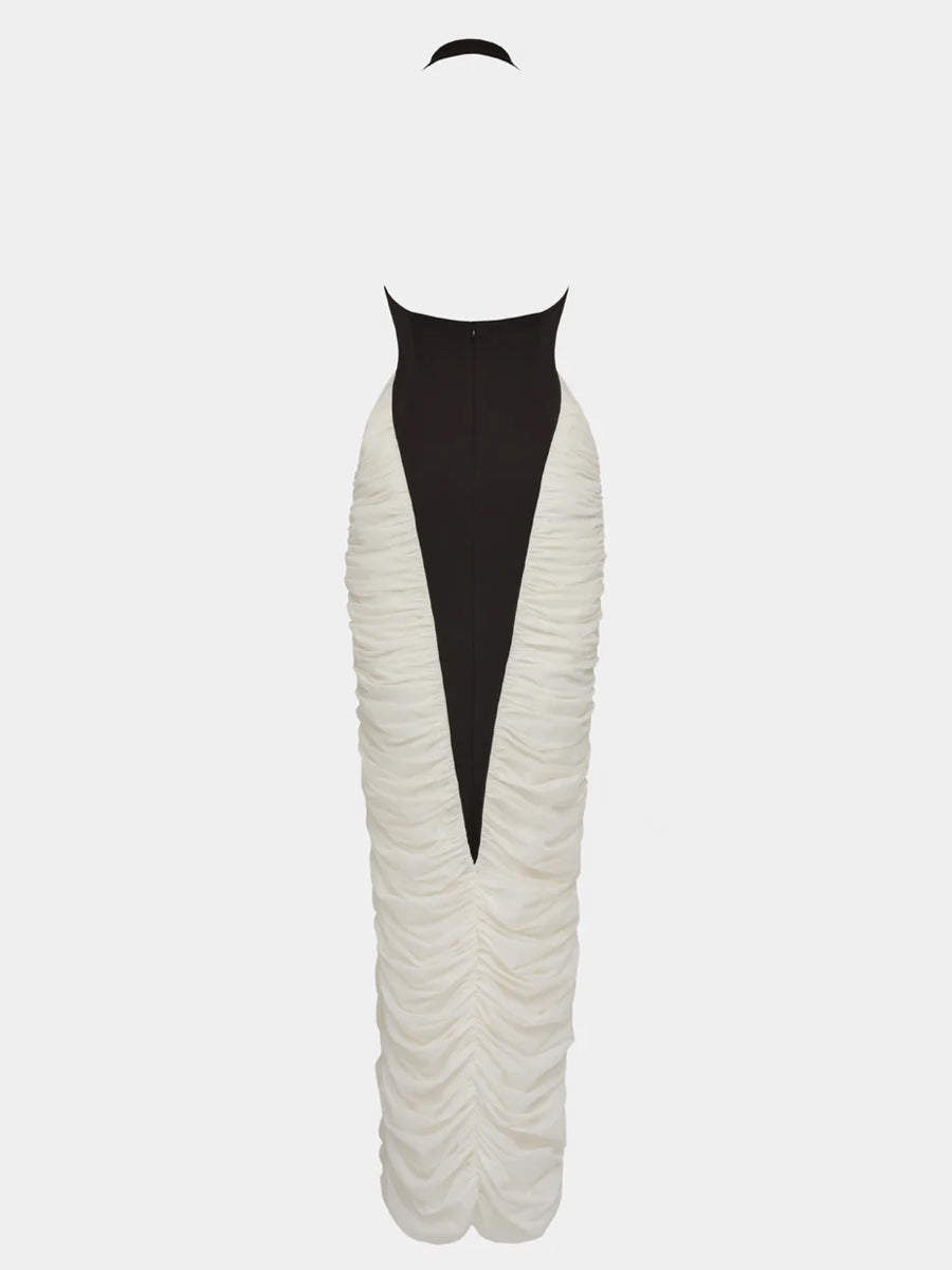 Mia Deep V-Neck Contrast Panel Evening Dress