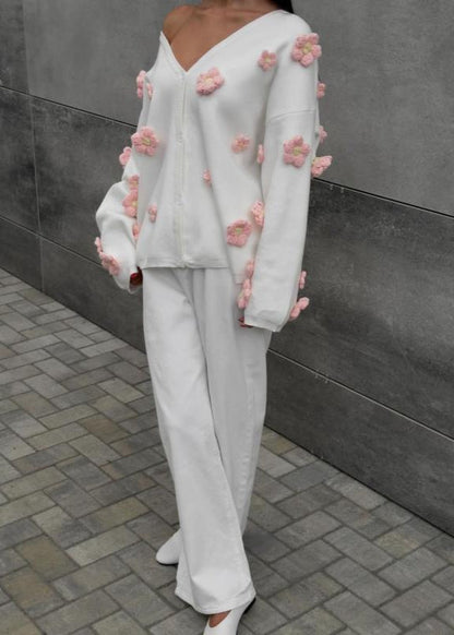 3D Floral Knit Cardigan With V Neck