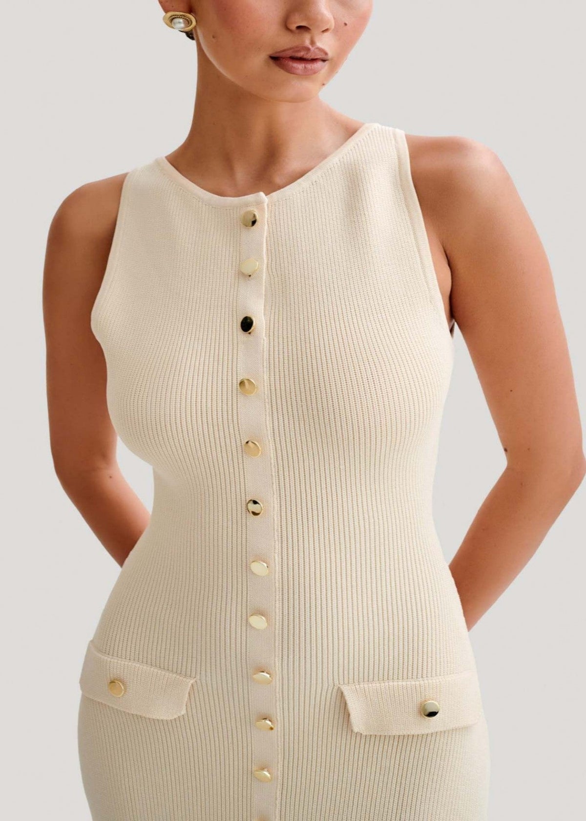 Contrast Trim Ribbed Knit Midi Dress