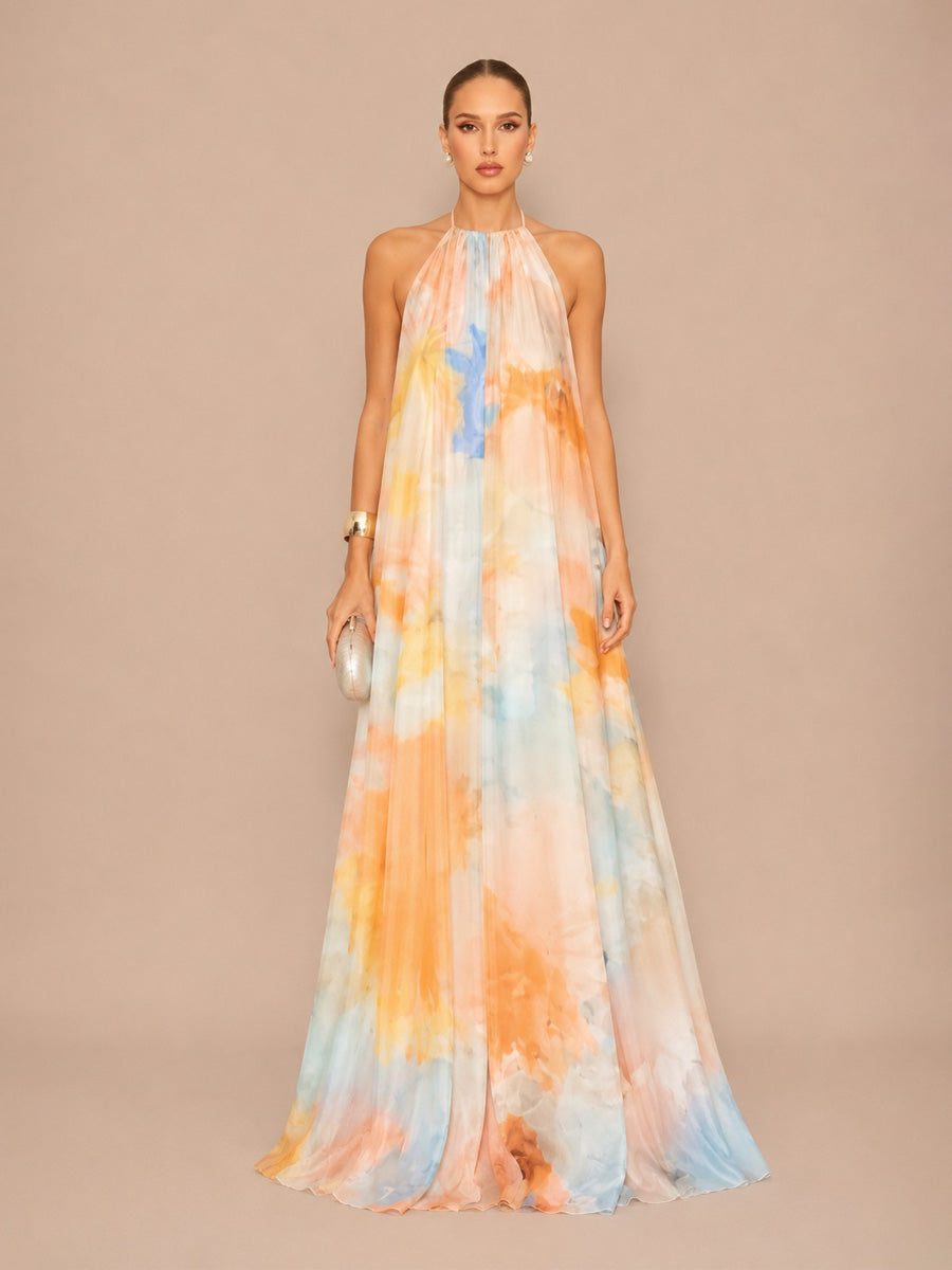 Isadora Printed Mesh Halter-Neck Open-Back Maxi Dress