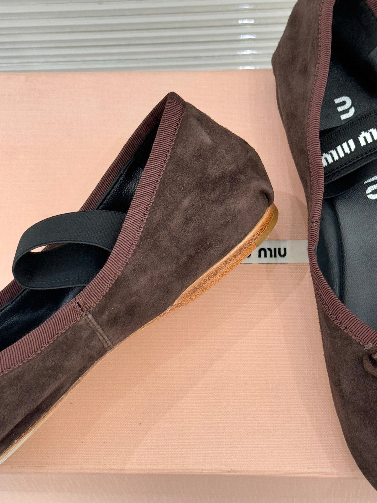 Miu Classic Bow Letter Ballet Flat Dark Brown Suede